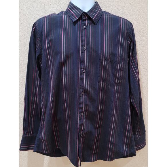 Emanuel Ungaro Black Pink Purple Striped Button Up Men's Shirt Large 100% Cotton - Picture 1 of 5